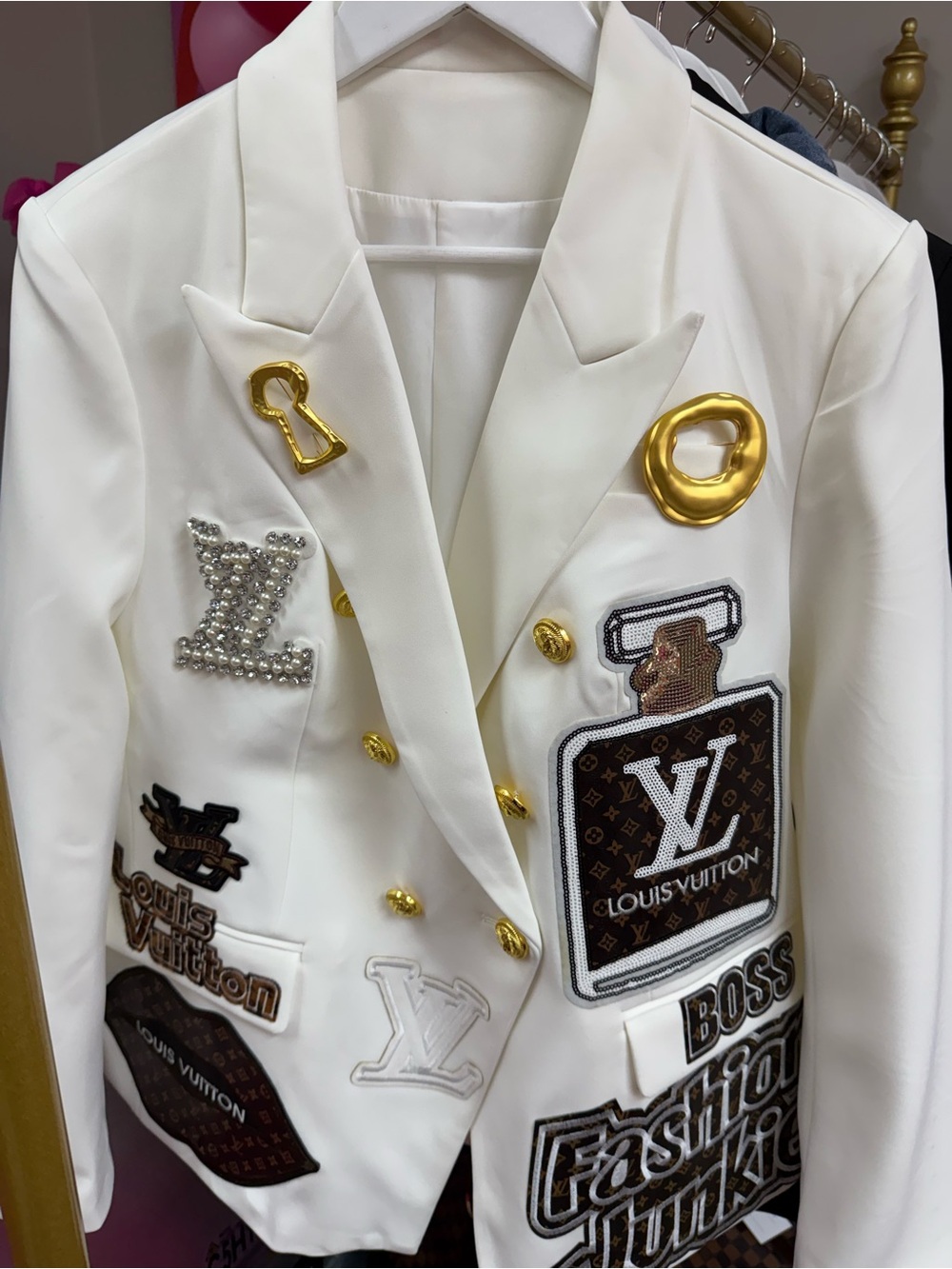 White Embellished Double-Breasted Blazer Jacket